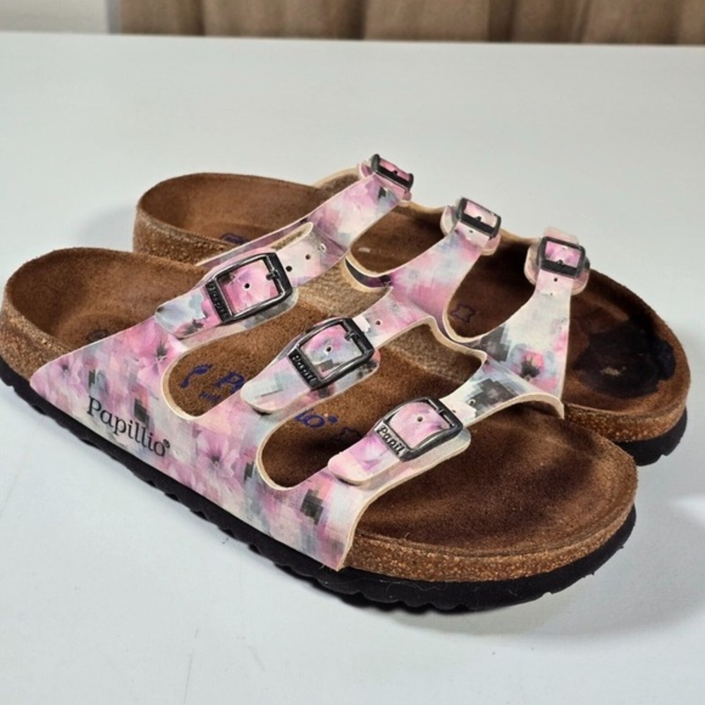 Birkenstock Papillio Florida Sandals Women 37 Pink Floral Pixelated Triple Strap